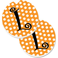 "Caroline's Treasures Monogram Initial L Orange Polkadots Set of 2 Cup Holder Car Coasters CJ1033-LCARC, 2.56, Multicolor"