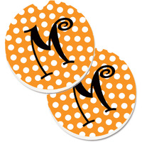 "Caroline's Treasures Monogram Initial M Orange Polkadots Set of 2 Cup Holder Car Coasters CJ1033-MCARC, 2.56, Multicolor"