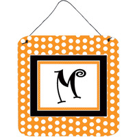 "Caroline's Treasures Letter M Initial Monogram-Orange Polka dots Wall or Door Hanging Prints, 6 x 6"", Multicolor"