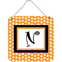 "Caroline's Treasures Letter N Initial Monogram-Orange Polka dots Wall or Door Hanging Prints, 6 x 6"", Multicolor"