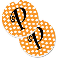 "Caroline's Treasures Monogram Initial P Orange Polkadots Set of 2 Cup Holder Car Coasters CJ1033-PCARC, 2.56, Multicolor"
