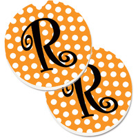 "Caroline's Treasures Monogram Initial R Orange Polkadots Set of 2 Cup Holder Car Coasters CJ1033-RCARC, 2.56, Multicolor"