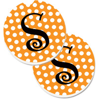 "Caroline's Treasures Monogram Initial S Orange Polkadots Set of 2 Cup Holder Car Coasters CJ1033-SCARC, 2.56, Multicolor"
