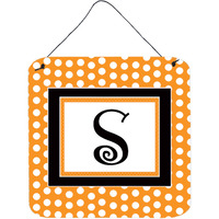 "Caroline's Treasures Letter S Initial Monogram-Orange Polka dots Wall or Door Hanging Prints, 6 x 6"", Multicolor"