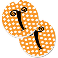 "Caroline's Treasures Monogram Initial T Orange Polkadots Set of 2 Cup Holder Car Coasters CJ1033-TCARC, 2.56, Multicolor"