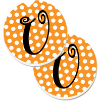 "Caroline's Treasures Monogram Initial U Orange Polkadots Set of 2 Cup Holder Car Coasters CJ1033-UCARC, 2.56, Multicolor"