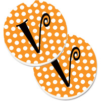 "Caroline's Treasures Monogram Initial V Orange Polkadots Set of 2 Cup Holder Car Coasters CJ1033-VCARC, 2.56, Multicolor"