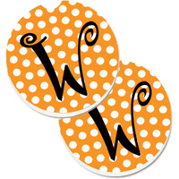 "Caroline's Treasures Monogram Initial W Orange Polkadots Set of 2 Cup Holder Car Coasters CJ1033-WCARC, 2.56, Multicolor"