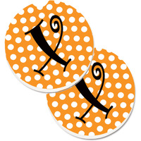 "Caroline's Treasures Monogram Initial x Orange Polkadots Set of 2 Cup Holder Car Coasters CJ1033-XCARC, 2.56, Multicolor"