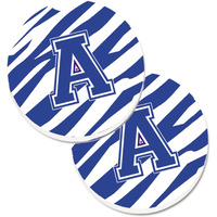 "Caroline's Treasures Letter A Monogram - Blue White Tiger Stripe Set of 2 Cup Holder Car Coasters CJ1034-ACARC, 2.56, Multicolor"