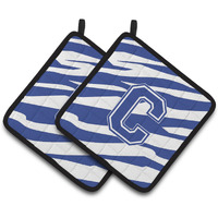 "Caroline's Treasures Monogram Initial C Tiger Stripe Blue & White Pair of Pot Holders CJ1034-CPTHD, 7.5HX7.5W, Multicolor"