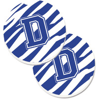 "Caroline's Treasures Monogram Initial D Tiger Stripe Blue & White Set of 2 Cup Holder Car Coasters CJ1034-DCARC, 2.56, Multicolor"