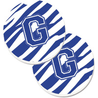 "Caroline's Treasures Monogram Initial G Tiger Stripe Blue & White Set of 2 Cup Holder Car Coasters CJ1034-GCARC, 2.56, Multicolor"