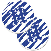 "Caroline's Treasures Monogram Initial H Tiger Stripe Blue & White Set of 2 Cup Holder Car Coasters CJ1034-HCARC, 2.56, Multicolor"