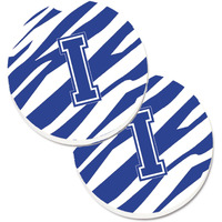 "Caroline's Treasures Monogram Initial I Tiger Stripe Blue & White Set of 2 Cup Holder Car Coasters CJ1034-ICARC, 2.56, Multicolor"