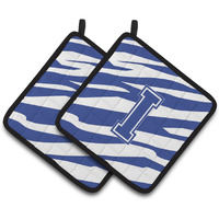 "Caroline's Treasures Monogram Initial I Tiger Stripe Blue & White Pair of Pot Holders CJ1034-IPTHD, 7.5HX7.5W, Multicolor"