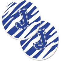 "Caroline's Treasures Monogram Initial J Tiger Stripe Blue & White Set of 2 Cup Holder Car Coasters CJ1034-JCARC, 2.56, Multicolor"
