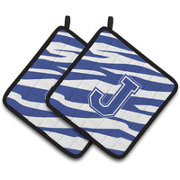 "Caroline's Treasures Monogram Initial J Tiger Stripe Blue & White Pair of Pot Holders CJ1034-JPTHD, 7.5HX7.5W, Multicolor"
