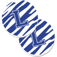 "Caroline's Treasures Monogram Initial L Tiger Stripe Blue & White Set of 2 Cup Holder Car Coasters CJ1034-LCARC, 2.56, Multicolor"
