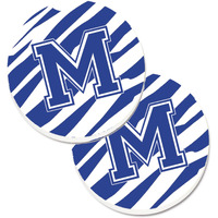 "Caroline's Treasures Monogram Initial M Tiger Stripe Blue & White Set of 2 Cup Holder Car Coasters CJ1034-MCARC, 2.56, Multicolor"