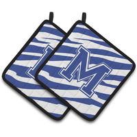 "Caroline's Treasures Monogram Initial M Tiger Stripe Blue & White Pair of Pot Holders CJ1034-MPTHD, 7.5HX7.5W, Multicolor"