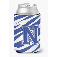 Letter N Initial Monogram - Tiger Stripe Blue and White Can Beverage Insulator Hugger