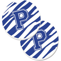 "Caroline's Treasures Monogram Initial P Tiger Stripe Blue & White Set of 2 Cup Holder Car Coasters CJ1034-PCARC, 2.56, Multicolor"