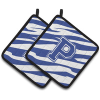 "Caroline's Treasures Monogram Initial P Tiger Stripe Blue & White Pair of Pot Holders CJ1034-PPTHD, 7.5HX7.5W, Multicolor"
