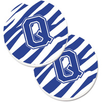 "Caroline's Treasures Monogram Initial Q Tiger Stripe Blue & White Set of 2 Cup Holder Car Coasters CJ1034-QCARC, 2.56, Multicolor"