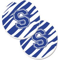 "Caroline's Treasures Monogram Initial S Tiger Stripe Blue & White Set of 2 Cup Holder Car Coasters CJ1034-SCARC, 2.56, Multicolor"
