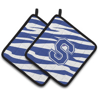 "Caroline's Treasures Monogram Initial S Tiger Stripe Blue & White Pair of Pot Holders CJ1034-SPTHD, 7.5HX7.5W, Multicolor"