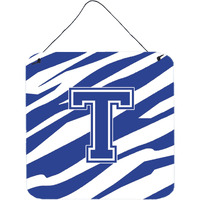 "Caroline's Treasures Letter T Initial Tiger Stripe Blue and White Wall or Door Hanging Prints, 6 x 6"", Multicolor"