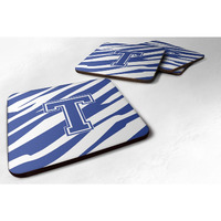 "Caroline's Treasures CJ1034-TFC Monogram-Tiger Stripe Blue and White Foam Coasters (Set of 4), Initial Letter T, 3.5"" H x 3.5"" W, Multicolor"