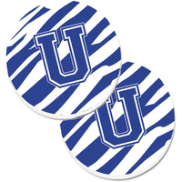 "Caroline's Treasures Monogram Initial U Tiger Stripe Blue & White Set of 2 Cup Holder Car Coasters CJ1034-UCARC, 2.56, Multicolor"