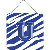 "Caroline's Treasures Letter U Initial Tiger Stripe Blue and White Wall or Door Hanging Prints, 6 x 6"", Multicolor"