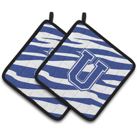 "Caroline's Treasures Monogram Initial U Tiger Stripe Blue & White Pair of Pot Holders CJ1034-UPTHD, 7.5HX7.5W, Multicolor"