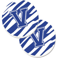 "Caroline's Treasures Monogram Initial V Tiger Stripe Blue & White Set of 2 Cup Holder Car Coasters CJ1034-VCARC, 2.56, Multicolor"
