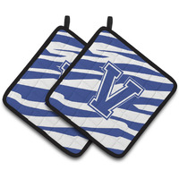 "Caroline's Treasures Monogram Initial V Tiger Stripe Blue & White Pair of Pot Holders CJ1034-VPTHD, 7.5HX7.5W, Multicolor"