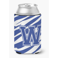 Letter W Initial Monogram - Tiger Stripe Blue and White Can Beverage Insulator Hugger