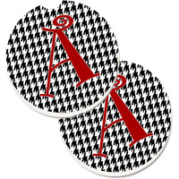 "Caroline's Treasures Letter A Monogram - black White Houndstooth Set of 2 Cup Holder Car Coasters CJ1035-ACARC, 2.56, Multicolor"