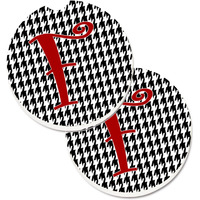 "Caroline's Treasures Monogram Initial F Houndstooth black Set of 2 Cup Holder Car Coasters CJ1035-FCARC, 2.56, Multicolor"