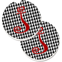 "Caroline's Treasures Monogram Initial J Houndstooth black Set of 2 Cup Holder Car Coasters CJ1035-JCARC, 2.56, Multicolor"