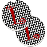 "Caroline's Treasures Monogram Initial L Houndstooth black Set of 2 Cup Holder Car Coasters CJ1035-LCARC, 2.56, Multicolor"
