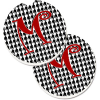 "Caroline's Treasures Monogram Initial M Houndstooth black Set of 2 Cup Holder Car Coasters CJ1035-MCARC, 2.56, Multicolor"