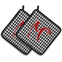 "Caroline's Treasures Monogram Initial M Houndstooth black Pair of Pot Holders CJ1035-MPTHD, 7.5HX7.5W, Multicolor"