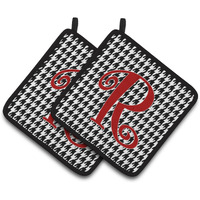 "Caroline's Treasures Monogram Initial R Houndstooth black Pair of Pot Holders CJ1035-RPTHD, 7.5HX7.5W, Multicolor"