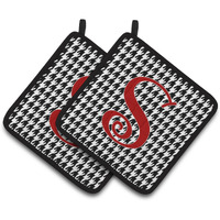 "Caroline's Treasures Monogram Initial S Houndstooth black Pair of Pot Holders CJ1035-SPTHD, 7.5HX7.5W, Multicolor"