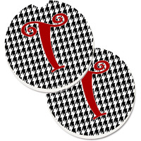 "Caroline's Treasures Monogram Initial T Houndstooth black Set of 2 Cup Holder Car Coasters CJ1035-TCARC, 2.56, Multicolor"