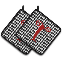 "Caroline's Treasures Monogram Initial T Houndstooth black Pair of Pot Holders CJ1035-TPTHD, 7.5HX7.5W, Multicolor"