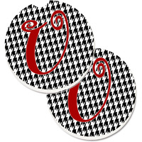 "Caroline's Treasures Monogram Initial U Houndstooth black Set of 2 Cup Holder Car Coasters CJ1035-UCARC, 2.56, Multicolor"